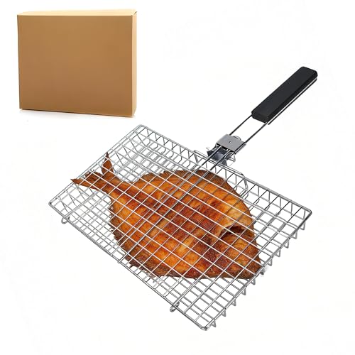 Square BBQ Fish Basket for Grilling suitable for camping | Portable stainless steel grill basket easy to clean, with a locking mechanism, and a heat-resistant wooden handle.