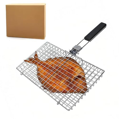 Square BBQ Fish Basket for Grilling suitable for camping | Portable stainless steel grill basket easy to clean, with a locking mechanism, and a heat-resistant wooden handle.