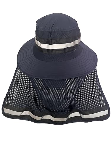 Men's Wide Brim Boonie Bucket Sun Hat with Neck Flap, High Visibility Reflective Stripes, UV Protection - color: Navy
