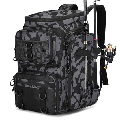 Fishing Backpack with Rod Holder, Waterproof Fishing Bag for Fishing Gear, 42L Large Capacity Tackle Box Backpack (Black Camo) - color: Black Camo