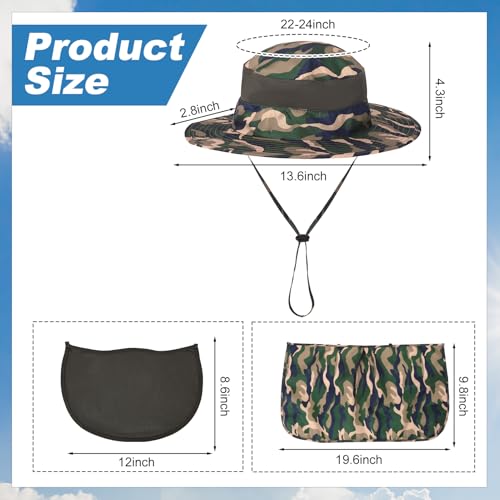 4 Pack Sun Hats for Men Women UPF 50+ Wide Brim Fishing Bucket Hat Summer Outdoor UV Protection Adjustable Neck Flap - color: Camouflage Green, Camouflage Blue, Gray, Blue