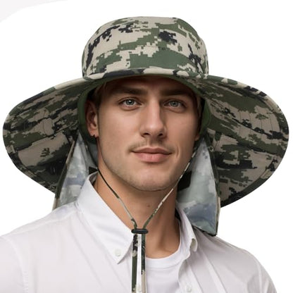 Catalonia Sun Hat for Men,Outdoor Wide Brim Hat with Neck Flap Cover for Fishing Hiking Safari Gardening - color: Digign Camo / Side Mesh