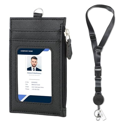 DELSWIN Badge Holder with Retractable Lanyard, PU Leather ID Badge Card Holder with 1 ID Window, 4 Card Slots, 1 Side Zipper Pocket, and Adjustable Neck Strap - color: Leather - Badge Holder With Lanyard