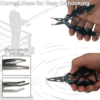 5" Fishing Pliers Scissors with Safety Lock and Anti Loss Rope | Multi-Function Curved Nose Hook Remover, Line Cutter & Open Ring Pliers; Rustproof for Saltwater and Freshwater Use