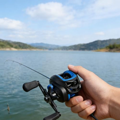 Baitcasting Reel, Long Cast Anti-Backlash Fishing Reel for Black Bass & Lure Fishing, Plastic/Metal Spool, Freshwater & Saltwater Fishing(Left-Blue)