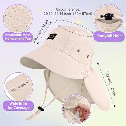 Kids Sun Hat with Detachable Neck Flap for Boys & Girls Wide Brim Fishing Hat for Kids Water Resistant UV Protection - color: 1 Pack-beige