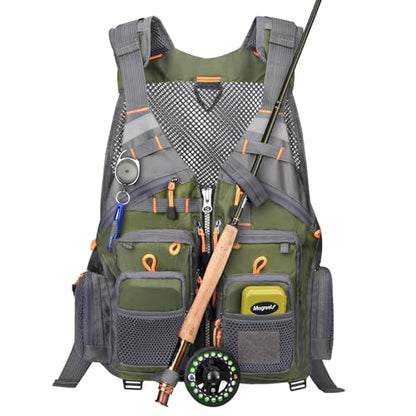 Gonex Fly Fishing Vest for Men Women, Comfortable Adjustable Fishing Vest with Multi-Pockets Reflective Stripes - color: Green+gray