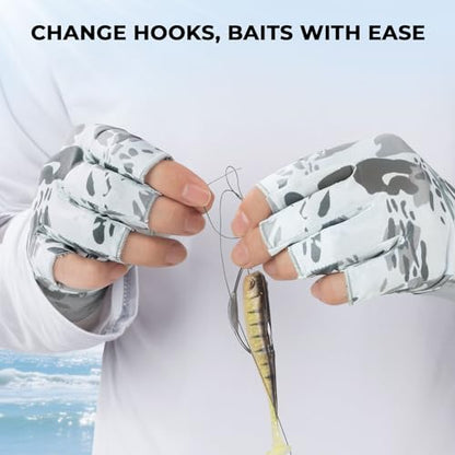KastKing Agies Fishing Gloves Men, UPF 50+ Sun Gloves UV Protection, Cooling Quick-Dry 3/4 Fingerless Gloves with Extended Cuff, Microfiber Palm & Pull Tabs, for Fishing, Kayaking, Hiking, Hunting - color: X Camo-White, size: Small-Medium