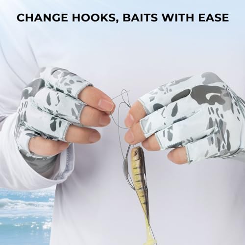 KastKing Agies Fishing Gloves Men, UPF 50+ Sun Gloves UV Protection, Cooling Quick-Dry 3/4 Fingerless Gloves with Extended Cuff, Microfiber Palm & Pull Tabs, for Fishing, Kayaking, Hiking, Hunting - color: X Camo-White, size: Large-X-Large
