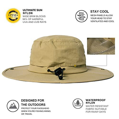 Oversize XL XXL Large Wide Brim Waterproof UPF 50+ Bucket Sun Summer Travel Fishing Hiking Fisherman Hat Detachable Chin - color: 000702_khaki, size: X-Large-XX-Large