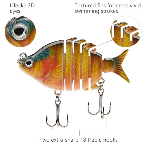 Bassdash SwimPanfish 0.34oz Hard Swimbaits Multi Jointed Topwater Trout Bass Fishing Crank Lure for Freshwater and Saltwater - color: Orange Sunfish