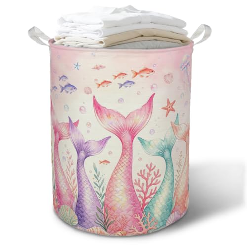 Pink Coastal Mermaid Laundry Basket Hamper,14.2"x14.2"x17.7" | Coastal Beach Mermaid Clothes Toys Books Waterproof Foldable Laundry Basket for for girls Kids Bedroom Bathroom Playroom - color: PINKMER