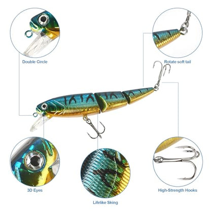 Whopper Fishing Lure for Bass：Popper Top Water Fishing Lures with Floating Rotating Tail Barb Treble Hooks Saltwater Freshwater Plopping Lures Kit - color: 5pcs 3 Jointed