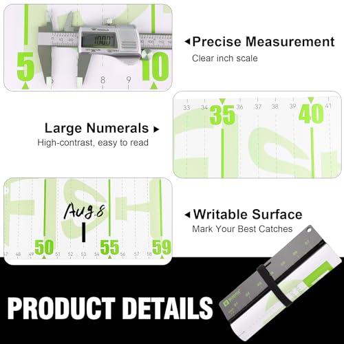 Booms Fishing 59" Fish Ruler: Fish Measuring Board - Measuring Tape with Bump Board - Rolling & Portable with Carabiner, Waterproof Fishing Measure Tool for Saltwater, Rl4 Green - color: Green with white