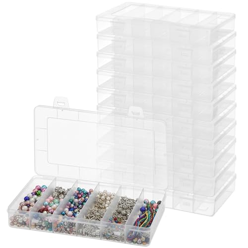 10 PCS Clear Tackle Box Organizer, 6 Grids Plastic Storage Container with Secure Lid, Small Parts Organizer for Craft Beads Binder Clips Sewing Supplies Lures Screws