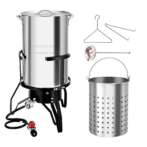 ROVSUN 50QT Turkey Fryer with 54,000BTU Propane Stove, Stainless Steel Outdoor Deep Fryer & Seafood Boiler Steamer with Basket, Thermometer, Lifting Hook & Support Rack for Outdoor Backyard Cooking - size: 50QT