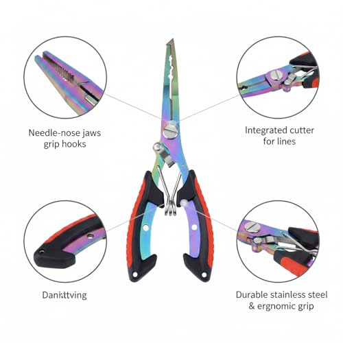 Stainless Steel Fishing Pliers with Line Cutter, Corrosion Resistant Tool for Saltwater & Freshwater Angling, Red Handle
