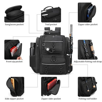 WANOON Fishing Backpack, fishing bag with Rod Holders. Large tackle Backpack Strong Materials - color: Black, size: 42L-Without Tackle Boxes