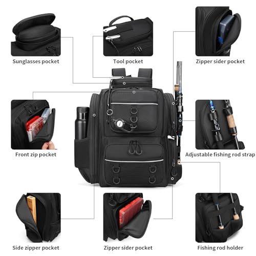 WANOON Fishing Backpack, fishing bag with Rod Holders. Large tackle Backpack Strong Materials - color: Black, size: 42L-Without Tackle Boxes