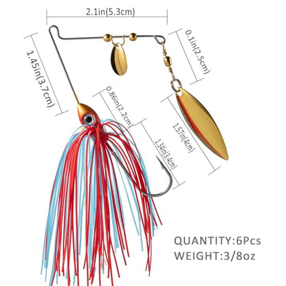 6 Pcs Bass Spinner Baits Kit, Premium Hard Metal Spinnerbaits for Bass Fishing 3/8oz with Skirt, Freshwater Fishing Lures