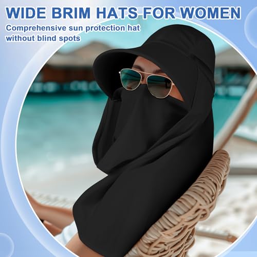 Skicuff 1/3 Pcs Women Sun Hat with Neck Flap Face Cover UPF 50+ UV Protection Wide Brim Visor Fishing Hat for Outdoor Hiking - color: Black