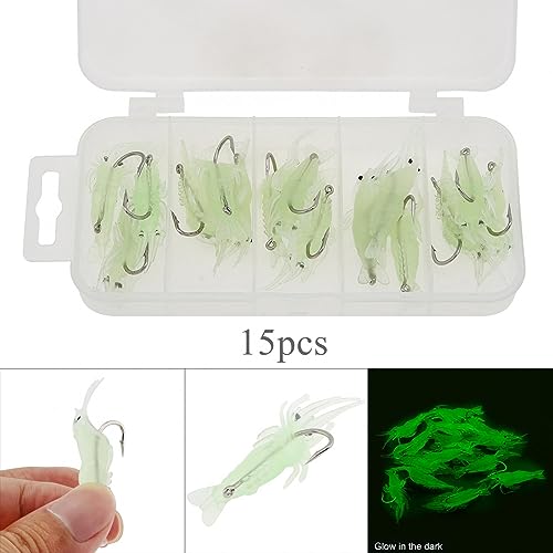 15pcs Soft Luminous Shrimp Lures, Realistic Fishing Lure Baits for Bass, Walleye, Trout & More