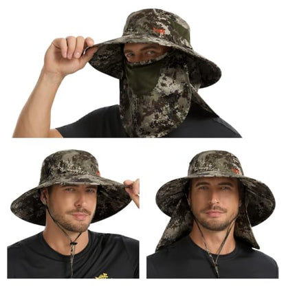 BASSDASH UPF 50+ Breathable Sun Hat with Removable Face Cover and Neck Flap Wide Brim Bucket Hat for Fishing Hiking Men Women - color: Grunge Camo