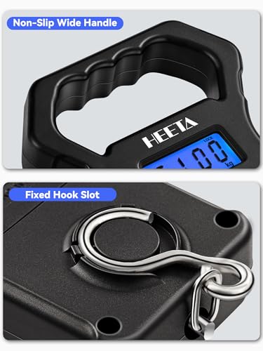 HEETA Fish Scale 110lb/50kg Digital Hanging Fishing Luggage Weight Scale | Portable with Backlit LCD Display, Hook & Non-Slip Large ABS Handle, Fishing Gifts Gear for Men, 2 AAA Batteries Included - color: Black