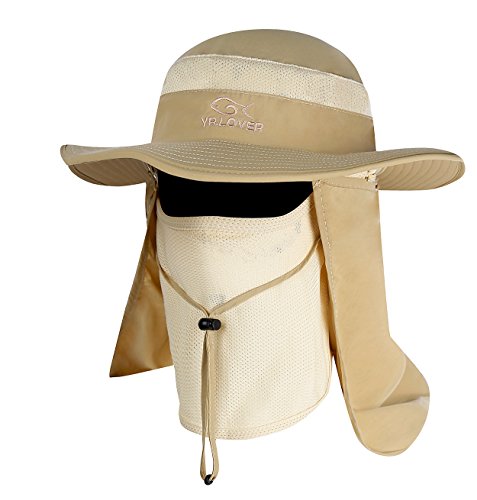 YR.Lover Outdoor UV Sun Protection Wide Brim Fishing Cap with Removable Flap - color: Khaki