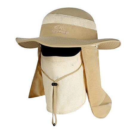 YR.Lover Outdoor UV Sun Protection Wide Brim Fishing Cap with Removable Flap - color: Khaki