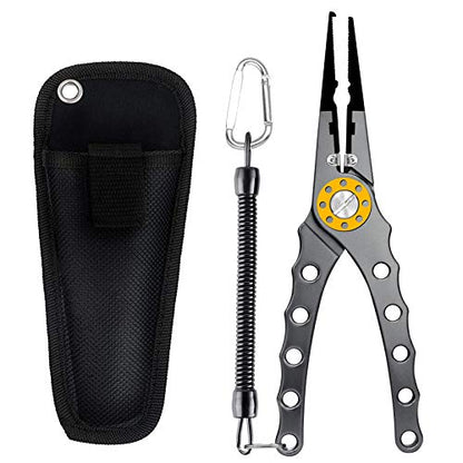 SANLIKE Aluminum Fishing Pliers Hook Remover Tungsten Carbide Braid Cutters | Tungsten Carbide Cutters Saltwater Resistant with Coiled Lanyard & Sheath - color: Gray