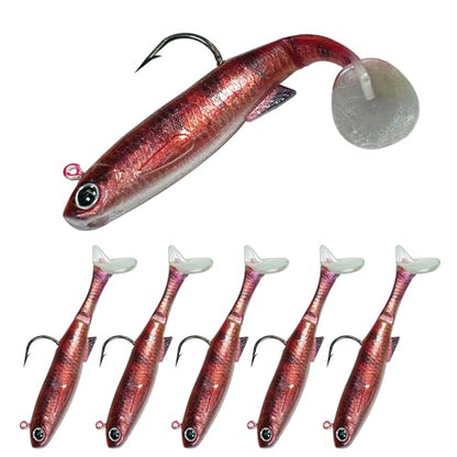 6PCS Soft Plastic Fishing Lures - 3.5in Swim Baits for Bass Pre-Rigged Jig Heads Walleye Fishing Lures with Paddle Tail Swimbaits for Bass Fishing Fishing Soft Plastic Lure Kit - color: Red