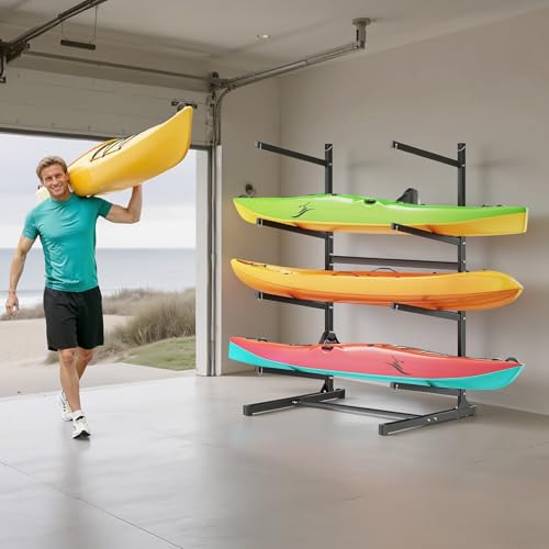 VEVOR Kayak Storage Rack, Heavy Duty Adjustable Freestanding Stand with Lockable Wheels for Indoor Outdoor Garage Shed Dock, Holder for Canoe, SUP, Surfboard & Paddleboard - style: Stand-4 Kayaks-black