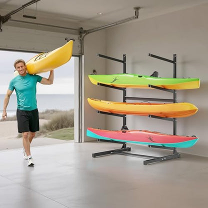 VEVOR Kayak Storage Rack, Heavy Duty Adjustable Freestanding Stand with Lockable Wheels for Indoor Outdoor Garage Shed Dock, Holder for Canoe, SUP, Surfboard & Paddleboard - style: Stand-4 Kayaks-black