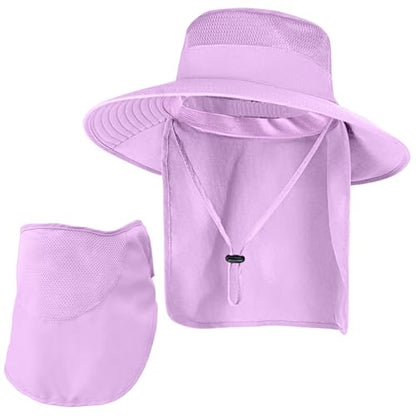 Sun Hats for Men Women Fishing Hat UPF 50+ Breathable Wide Brim Bucket Hats Summer UV Protection Safari Hat with Neck Flap - color: Purple (With Face Cover)
