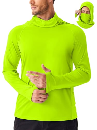 PINSPARK Men's Sun Protection Hoodie with Mask UPF 50+ UV Long Sleeve Shirt Men Rash Guard Performance Fishing Hiking Shirt - color: Lemon Green, size: X-Large