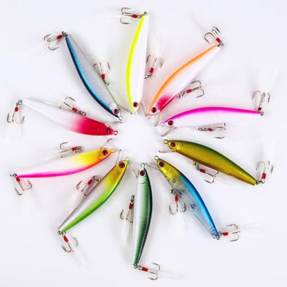 10Pcs Fishing Lures Minnow Bass Lure Jerkbait Topwater Hard Baits with Double Treble Hooks Flasher Feathers for Bass Trout Walleye Redfish Saltwater Freshwater 3.4in/0.3oz