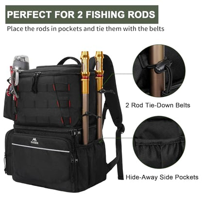MATEIN Fishing Backpack, Water Resistant Tackle Storage Bag with Rod Holders & Cooler, Fishing Gifts for Men - color: Black