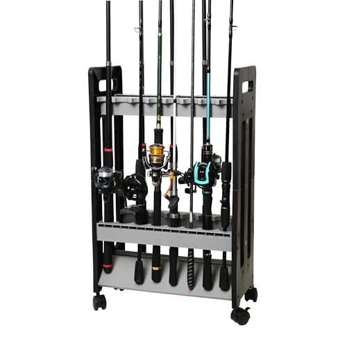 JOYWAVE Fishing Rod Holder,Fishing Pole Holders for Garage,Plastic Fishing Rod Rack,16-Slots,Portable Wheels