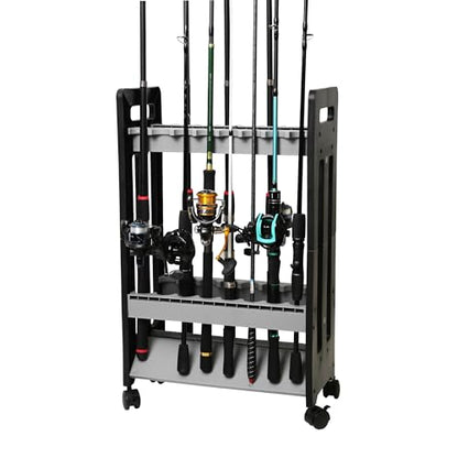JOYWAVE Fishing Rod Holder,Fishing Pole Holders for Garage,Plastic Fishing Rod Rack,16-Slots,Portable Wheels