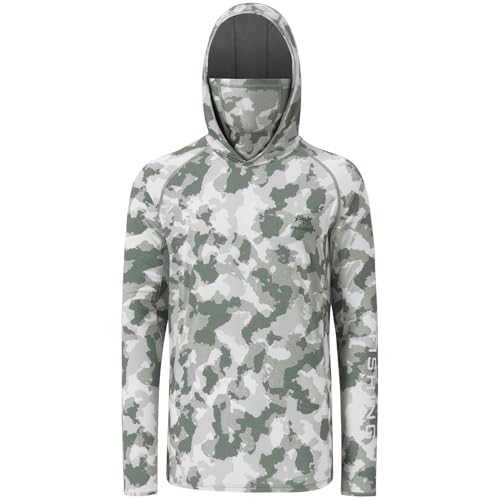 BASSDASH Men’s UPF 50+ Hooded Breathable Camo Shirts with Face Mask Lightweight Neck Gaiter Fishing Hiking Hoodie Shirt FS51M - color: Ash Green Camo, size: Small