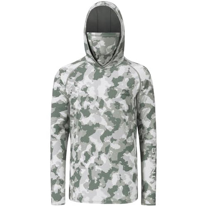 BASSDASH Men’s UPF 50+ Hooded Breathable Camo Shirts with Face Mask Lightweight Neck Gaiter Fishing Hiking Hoodie Shirt FS51M - color: Ash Green Camo, size: 3X-Large