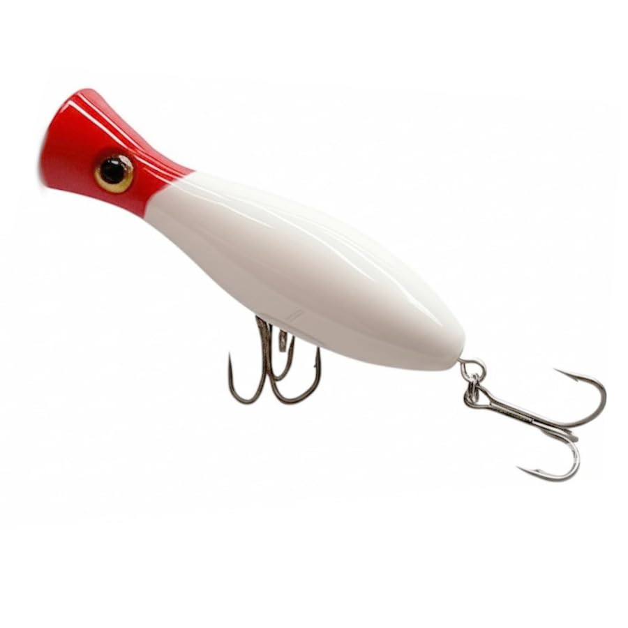 Large Top Water Popper 4.75 in/1.5 oz Lure Artificial Seal Lure 3D Eyes Hard Popper with Hooks and Ring for Saltwater Offshore, Surf Fishing, Bass, Bluefish, Giant Jack - color: RED HEAD