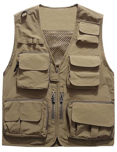 Flygo Men's Casual Lightweight Outdoor Fishing Work Safari Travel Photo Cargo Vest Jacket Multi Pockets - color: Khaki, size: Medium