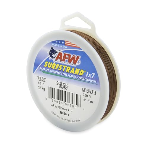 American Fishing Wire Surfstrand Bare 1x7 Stainless Steel Leader Wire - Fishing Leader Line for Saltwater, 20lb Test - 325lb Test in Bright, Camo in 30ft, 300ft, 600ft and 1,000ft Lengths - color: Camo, size: 60 lb / 300 ft