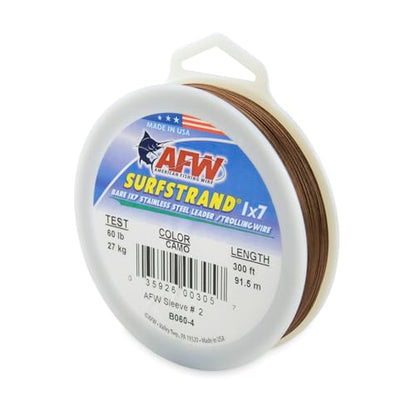 American Fishing Wire Surfstrand Bare 1x7 Stainless Steel Leader Wire - Fishing Leader Line for Saltwater, 20lb Test - 325lb Test in Bright, Camo in 30ft, 300ft, 600ft and 1,000ft Lengths - color: Camo, size: 60 lb / 300 ft