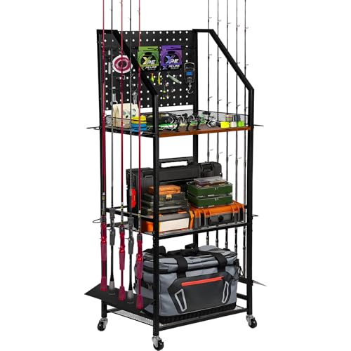 Fishing Rod Holder for Garage Organization, Fishing Rod Rack, Fishing Gear Storage up to 12 Rods with Pegboard & Hooks, Heavy Duty Fishing Cart with Wheels for Fishing Storage,Tackle Box