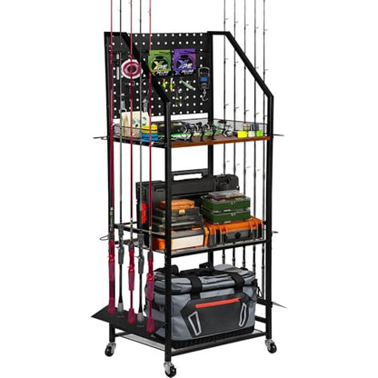 Fishing Rod Holder for Garage Organization, Fishing Rod Rack, Fishing Gear Storage up to 12 Rods with Pegboard & Hooks, Heavy Duty Fishing Cart with Wheels for Fishing Storage,Tackle Box