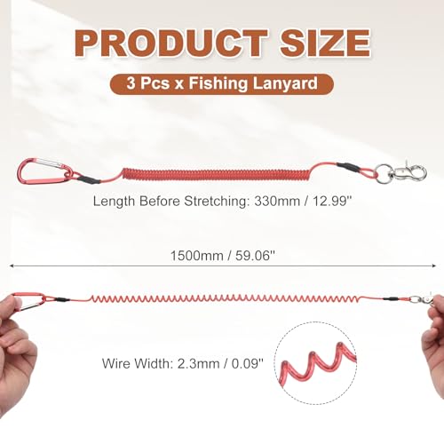 PATIKIL Fishing Lanyard, (59.06" Length, Red) (3Pcs), Retractable Coiled Tether Anti-Lost Rope Coiled with Carabiners and 360° Rotatable Hook, Suit for - Fishing/Hunting/Hiking/Boating - color: Red, size: 59.06"