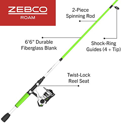 Zebco Roam Spinning Reel and Fishing Rod Combo, 6-Foot Fiberglass Fishing Pole, Split ComfortGrip Handle, Soft-Touch Handle Knob, Changeable Right- or Left-Hand Retrieve - style: Size 30 Reel - 6'6" Rod - Green